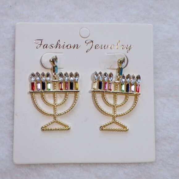 Hanukkah Gold Menorah Multicolor Rhinestone Earrings - Picture 2 of 6